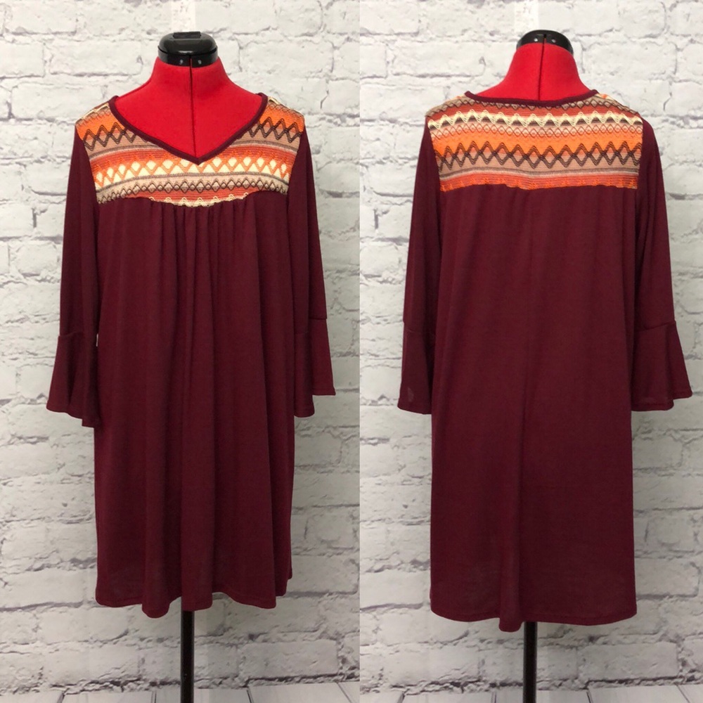 Embroidered Ruffle Sleeve Dress In Burgundy - L - Picture 2 of 9